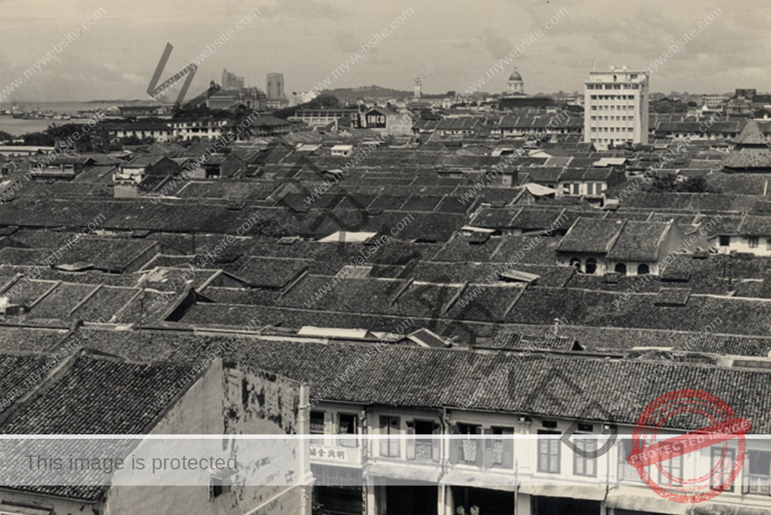 Historic aerial view of Singapore’s closely packed shophouse roofs